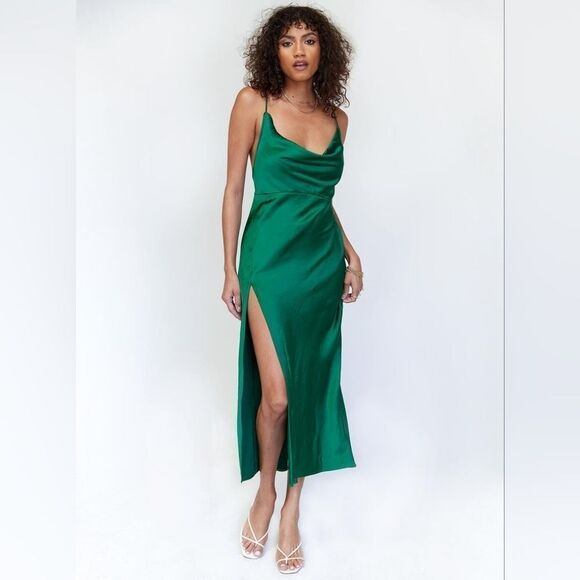 Princess Polly Green Walk The Line Satin Cowl High Slit Maxi Slip Dress XXS - Picture 5 of 8